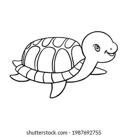 Line sketch of cute cartoon turtle. Coloring book with ocean animals. Vector illustration funny character.