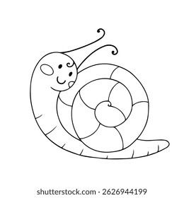 Line sketch, cute snail coloring page for kids. Vector graphics.