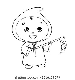 Line sketch, doodles of a funny character of death with a scythe. Halloween decoration. Vector graphics.