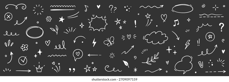Line sketch element star, arrow, heart design icons on chalkboard. Hand drawn sketch doodle cute star, heart, flower element. Line text decoration scribble decoration. Hand drawn Vector illustration