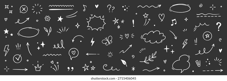 Linha esboço elemento estrela, seta, ícones de design do coração no quadro-negro. Desenho desenhado à mão rabiscar bonito estrela, coração, elemento de flor. Decoração de texto de linha decoração de rabisco. Ilustração de vetor desenhada à mão