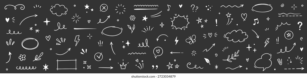 Linie Skizze Element Stern, Pfeil, Herz-Design-Symbole auf Kreidetafel. Handgezeichnete Skizze doodle niedlichen Stern, Herz, Blumenelement. Dekoration für Linientexte mit Ritzeln. Handgezeichnete Vektorgrafik