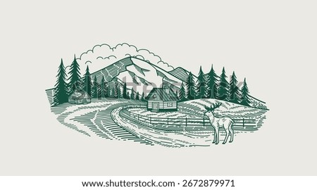 Line sketch of forest house and deer in mountains. Engraving style, logo. Vector line illustration of mountain picks, wooden house, fir trees