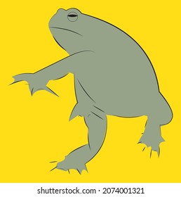 Line sketch of frog in olive green with yellow background