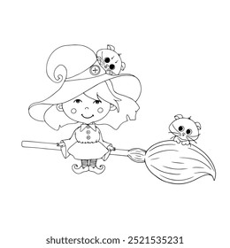 Line sketch of a funny little witch flying on a broomstick. Vector graphics.