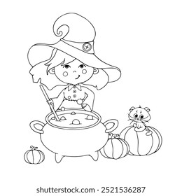 Line sketch of a funny little witch who brews a potion. Vector graphics.