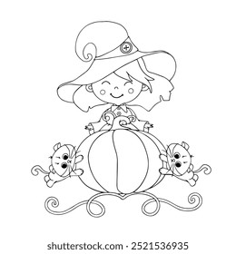 Line sketch of a funny little witch with a pumpkin and cats. Vector graphics.