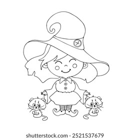 Line sketch of a funny little witch with little kittens. Vector graphics.