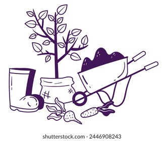 Line sketch garden farm agriculture plant vegetables composition concept. Vector graphic design illustration