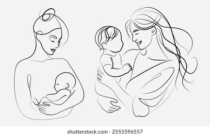 Line sketch of girls holding a small child in their arms