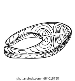 Line sketch hand drawn salmon steak. Sea food in retro style. fish steak, red fish