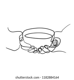 Line sketch of hands with cup. Line cup of tea. Sketch of hands and cup.