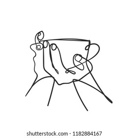 Line sketch of hands with cup. Line cup of tea. Sketch of hands and cup.