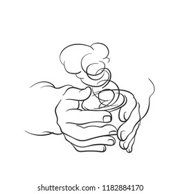 Line sketch of hands with cup. Line cup of tea. Sketch of hands and cup.