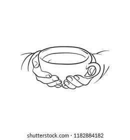 Line sketch of hands with cup. Line cup of tea. Sketch of hands and cup.