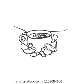 Line sketch of hands with cup. Line cup of tea. Sketch of hands and cup.