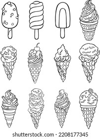 Line sketch ice cream set, vector illustration