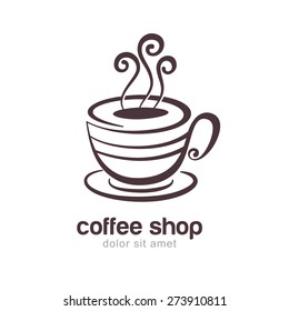 Line sketch illustration of coffee or tea cup isolated on white background. Vector logo design template. Concept for cafe, restaurant, menu, shop.