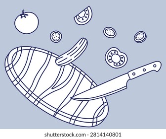 Line sketch illustration of a kitchen cutting board with a knife and fresh vegetable slices