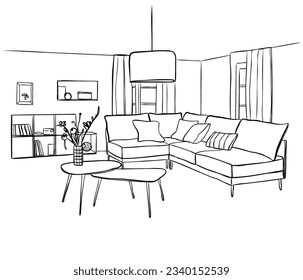 Line sketch of the interior living room.