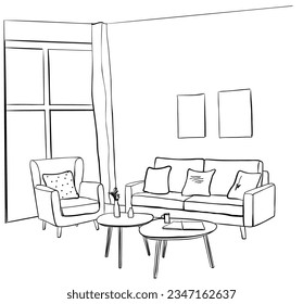 Line sketch of the interior living room.