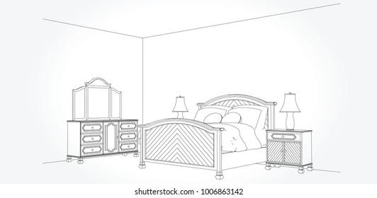 Line sketch of an interior. Room plan. Sketch Line bedrooms. Vector illustration.outline sketch drawing perspective of a interior space