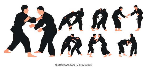 Line sketch judoist, judoka, athlete duel, fight, judo, sport figure, isolated vector
