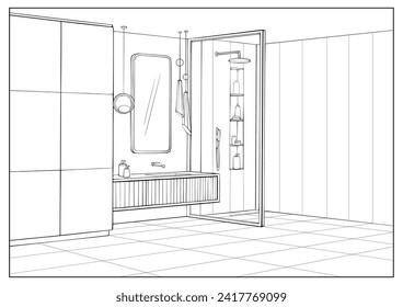 Line sketch modern bathroom interior design. Vector outline drawing washroom, shower cabin, bathtub, sink, mirror, fittings, sanitary ware, equipment. Interior of a room for spa procedures.