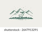 Line sketch of mountain landscape with deer. Engraving, logo style. Male deer stands sideways on a hill and roars, three mountains and a forest ridge in the background