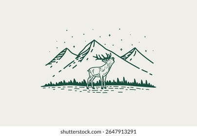 Line sketch of mountain landscape with deer. Engraving, logo style. Male deer stands sideways on a hill and roars, three mountains and a forest ridge in the background