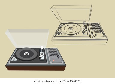 Line sketch of old gramophone and full color gramophone illustration, vector.