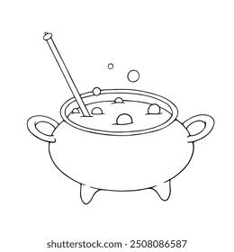 Line sketch, outline of a cauldron with a magic potion. Halloween decor. Vector graphics.	