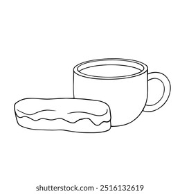 Boceto de línea, contorno de una taza de café con un pastel de eclair. Gráficos de Vector.