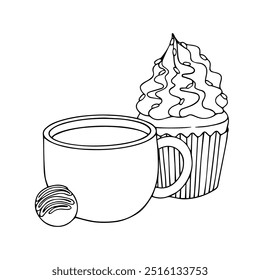 Boceto de línea, contorno de una taza de café con un muffin y un caramelo de chocolate. Gráficos de Vector.