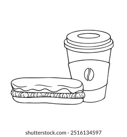 Boceto de línea, contorno de una taza de café con un pastel de eclair. Gráficos de Vector.