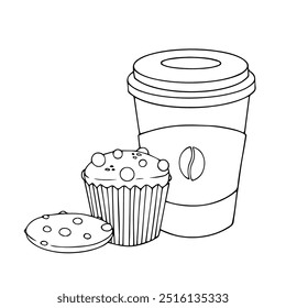 Line sketch, outline of a cup of coffee with a muffin and oatmeal cookies. Vector graphics.