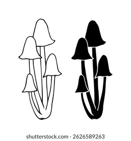 Line sketch, outline, silhouette of forest mushrooms toadstools. Vector graphics.