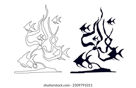 Line sketch, outline, silhouette of seaweed and a school of fish. Vector graphics.