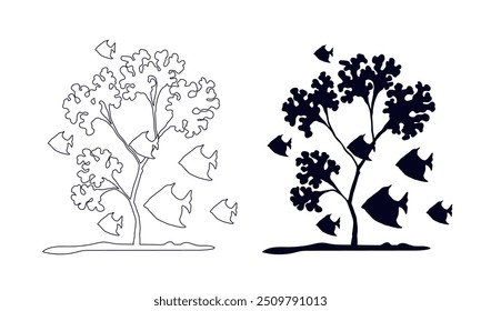Line sketch, outline, silhouette of seaweed and a school of fish. Vector graphics.
