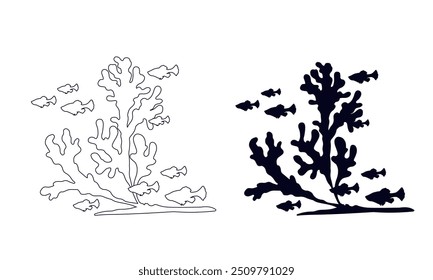 Line sketch, outline, silhouette of seaweed and a school of fish. Vector graphics.