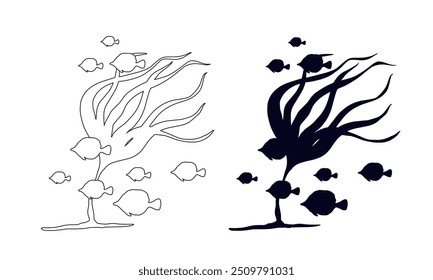 Line sketch, outline, silhouette of seaweed and a school of fish. Vector graphics.