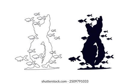 Line sketch, outline, silhouette of seaweed and a school of fish. Vector graphics.