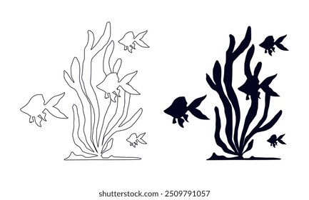 Line sketch, outline, silhouette of seaweed and a school of fish. Vector graphics.