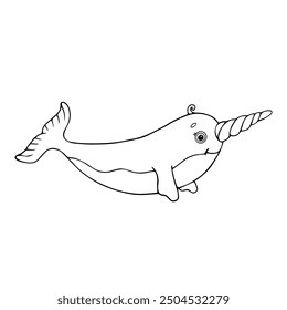 Line sketch, outline of a small narwhal. Vector graphics.