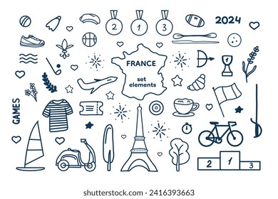 Line sketch of Paris symbols, decorative elements, tourist food and c sports. Vector illustration for cards, background, design, stickers, patterns, social media posts, flyers, brochures.