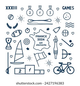 Line sketch of Paris symbols, decorative elements, sports. Vector illustration for cards, background, design, stickers, patterns, social media posts, flyers, brochures.