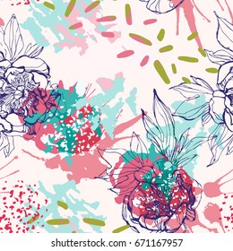 Line sketch peonies seamless pattern. Peony flowers on background with colorful splash, splatter, dots, dashes. Hand drawn vector floral illustration