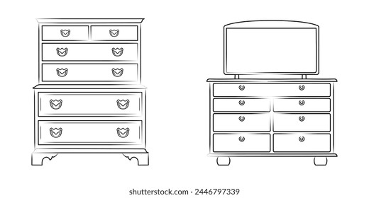 Juego de bocetos de línea de una cómoda, cómoda. Mueble de diseño para almacenamiento. Vector aislado