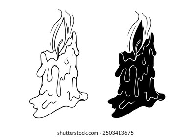 Line sketch, silhouette of a burning wax candle. Vector graphics.