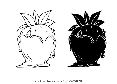Line sketch, silhouette of dessert, strawberries in chocolate. Vector graphics.